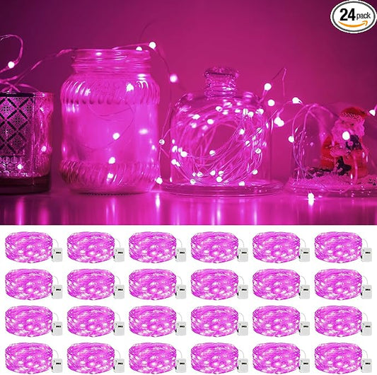 litogo 24 Pack 7FT 20 LED Fairy Lights Battery Operated, 3 Lighting Modes, Bulk Mini Twinkle String Lights Waterproof Silver Wire for Weddings Mason Jars Party Christmas Decorations-Pink