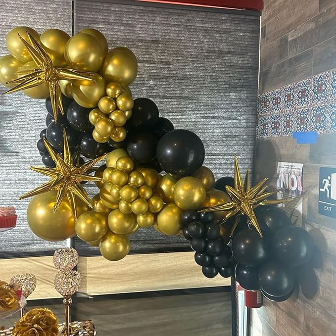 Black and Gold Balloons with 3pcs Starburst Balloons, 5 10 12 18 inch Black and Gold Balloons Garland Arch Kit for Birthday, 2026 New Years, Graduation and Anniversary Decorations Supplies