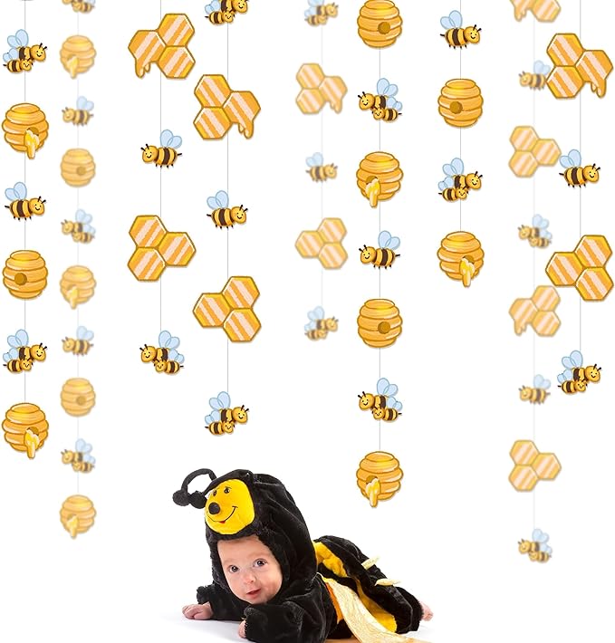 Cheerland Cute Bee Garland Set Honey Comb Decorations for Bee Birthday Party Decorations Bumblebee Decoration Streamers Kids First Birthday Baby Shower Gender Reveal Summer Honey Decoration 4 Pcs