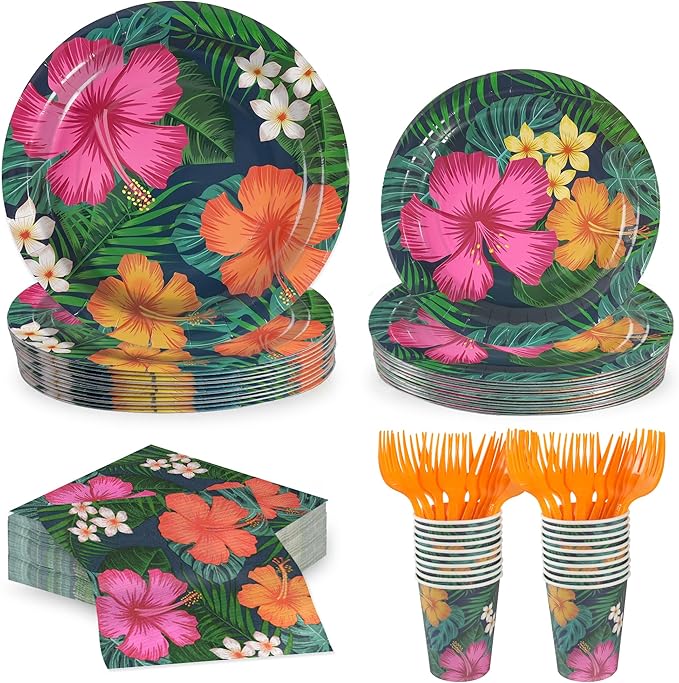 120 Pcs Tropical Hawaiian Aloha Party Supplies, 9 Inch & 7 Inch luau Party Paper Plates with Party Napkins and Disposable Plastic Forks for BBQs, Summer Party, Dinner, Wedding, Birthday, Picnic (Blue)