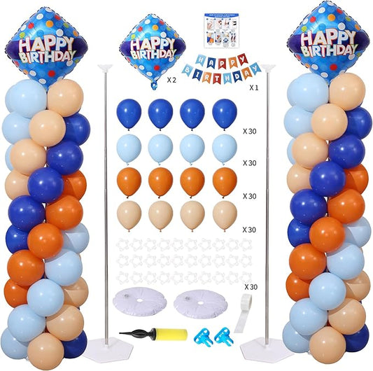 Blue and Orange Balloon Column Stand Kit Set of 2 with Birthday Banner, 7 Feet Height Orange Blue Adjustable Metal Balloon Towers for Cartoon Dog Theme Birthday Party Decorations Supplies