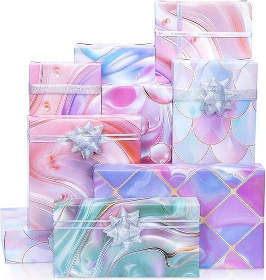 Larcenciel Holographic Gift Wrapping Paper, Iridescent Mermaid Scale Pattern, Pearl Finish, 6 Sheets with 6 Gift Bows –Pink & Purple Birthday Wrapping Paper for Girls Baby Shower Holiday All Occasions