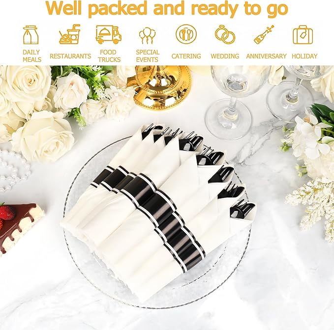 50 Pack Pre Rolled Black Plastic Silverware Set,Wrapped Plastic Cutlery Set with Napkin Include 50 Forks,50 Spoons,50 Knives and 50 White Napkins for Party,Wedding,Christmas