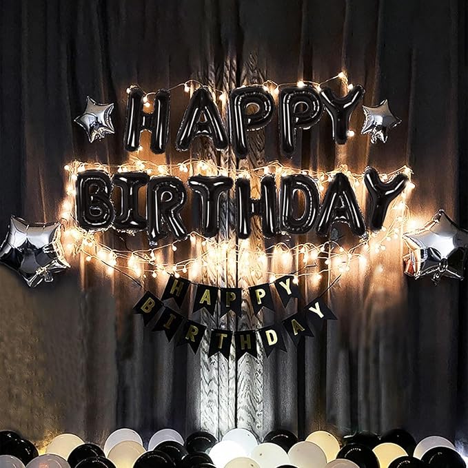 CANREVEL Happy Birthday Banner 13pcs 16 Inch Mylar Foil Letters Sign with 8pcs Star Balloons & LED Lights Birthday Party Decorations for Kids and Adults - 3D Black