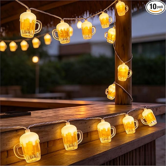 Beer Mug String Lights, 8.5Ft Hawaiian Beach Themed Party Decorations String Lights with 10 3D Beer Cup Lights, Outdoor Light Beer for Tropical Luau Party Beach Pool Summer Tiki Gifts Decorations