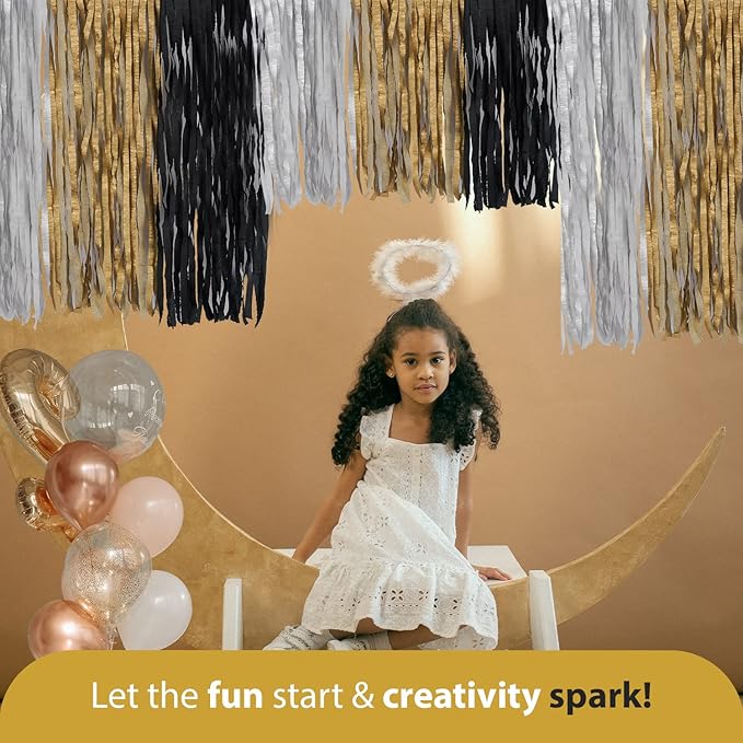 6 Black and Gold Streamers with Silver, 492ft Pack of Crepe Paper Streamers for Party Decorations, Birthday Streamers (1.8 inch x 82 ft/Roll)