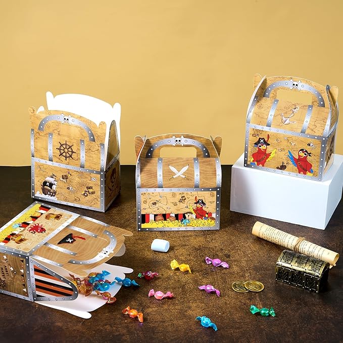 WERNNSAI Pirate Party Favor Boxes - 12 PCS Treasure Chest Boxes Pirate Birthday Decorations Nautical Theme Party Favors for Baby Shower Halloween Treasure Hunt Game