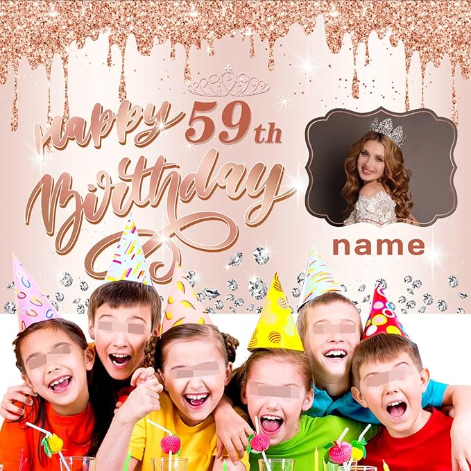 Customizable Rose Gold Happy 59th Birthday Decoration Banner - Personalized with Name and Photo