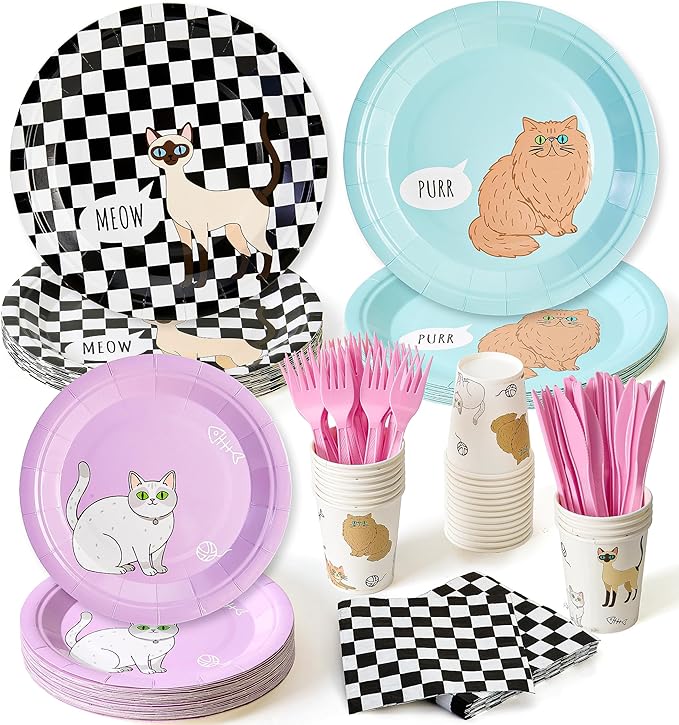 144Pcs Cat Birthday Party Supplies Decorations Cat Themed Paper Plates Napkins Vintage Party Tableware Disposable Pet Dinnerware Set for Kids Birthday Baby Shower Table Decor, Serve 24