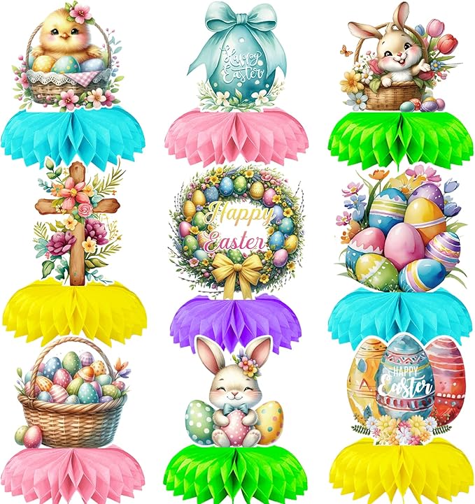 Easter Honeycomb Table Centerpieces, 9 Pack Cute Rabbit Retro Easter Eggs Adorable Chick Honeycomb Centerpieces for Happy Easter Hunt Party Decorations Birthday Baby Shower Spring Party Favors