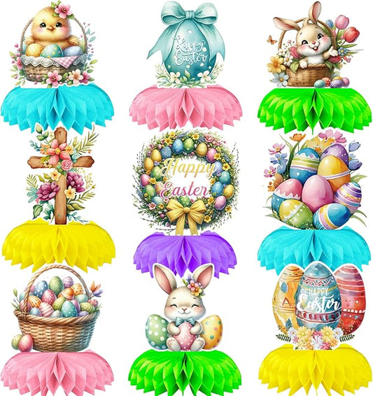 Easter Honeycomb Table Centerpieces, 9 Pack Cute Rabbit Retro Easter Eggs Adorable Chick Honeycomb Centerpieces for Happy Easter Hunt Party Decorations Birthday Baby Shower Spring Party Favors