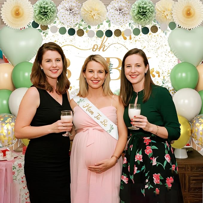 Sage Green Baby Shower Decorations, Oh Baby Neutral Gender Reveal Party Decor Kit With Backdrop, Balloons, Pom Poms, Tassels Garland, Mom To Be Sash & Circle Dots Garland For Baby Girls Boys