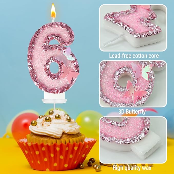 6th Birthday Candles，Glitter Butterfly Cake Toppers Pink Sequins Wedding Numeral Cupcake Decorations，Suitable for Girl and boy Wedding Cakes, Party Celebrations, Birthday Decorations