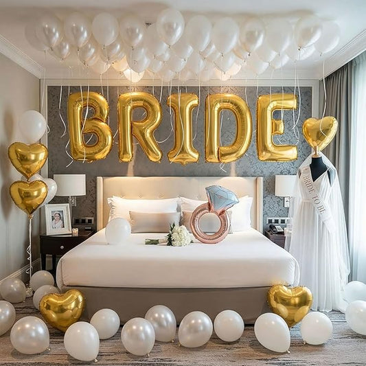 Gold Bridal Shower party decorations with huge 40in Gold BRIDE letter Pearl Balloons BRIDE to be Sash Bridal Veil Diamond Ring Heart shape Balloons For Bachelorette party Wedding supplies
