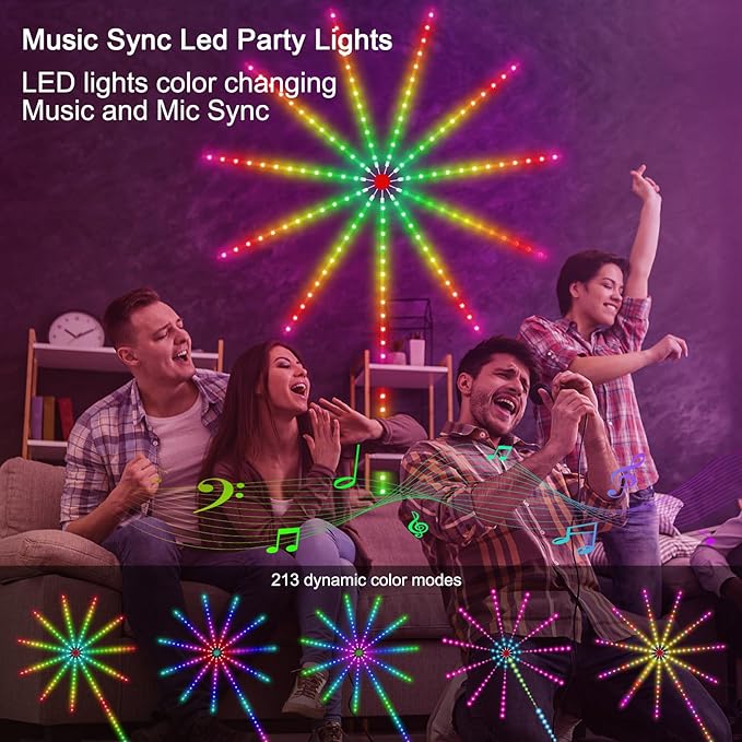 Daymeet Smart Firework Led Lights Indoor, Led Fireworks Lights Music/Mic Sync with Firework Launch Effect Remote & APP Control, RGB Color Changing Led Strip Lights for Room New Year Party Decor
