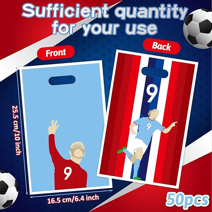 Andi Cppss Soccer Birthday Party Favor Bags - 50PCS Blue and Red Soccer Goodie Snack Bags for Team Football Gift Bag for Snacks Football Treat Bag for Kids Birthday Game Celebration Party Favors