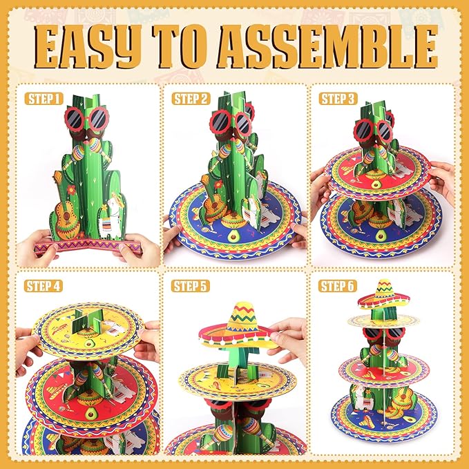 Fiesta Party Decorations 3 Tier Mexican Cupcake Stand Cinco De Mayo Cupcake Stand Taco Birthday Party Supplies Fiesta Cactus Dessert Holder Display for Baby Shower Decorations