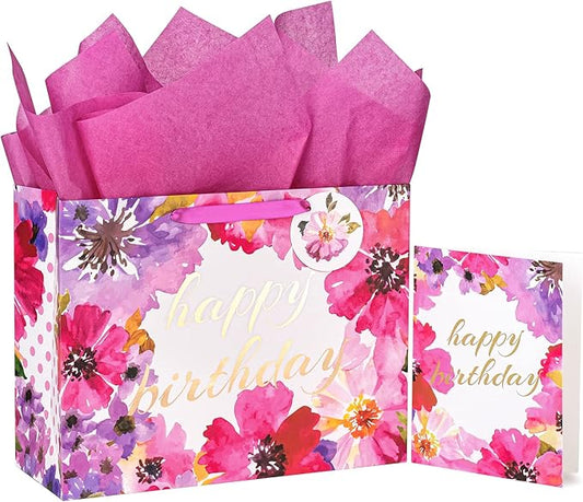 WRAPAHOLIC 13" Large Gift Bag with Card and Tissue Paper - Floral Gold Foil Happy Birthday