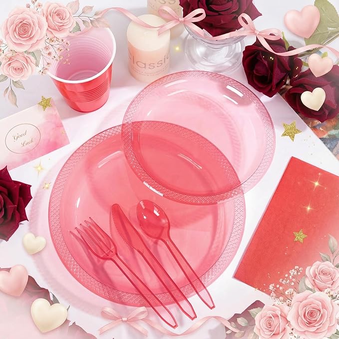 WELLIFE 210 PCS Clear and Red Plastic Plates for 30 Guests - Disposable Dinnerware Set Including Dinner Plates, Dessert Plates, 12oz Cups, Cutlery & Napkins, Red Party Plates for Valentines