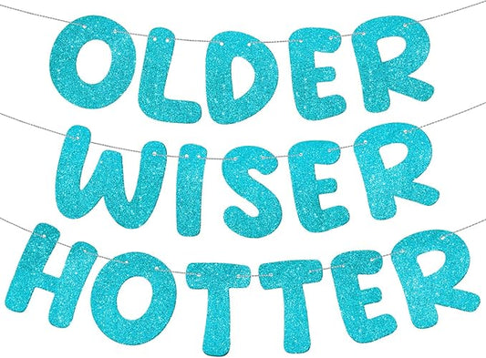 Fulmoon Set of 3 Pre Strung Older Wiser Hotter Glitter Banner Funny Birthday Banner for Women 30th 40th 50th 60th 70th 80th Birthday Party Decorations Sign Gift(Blue)