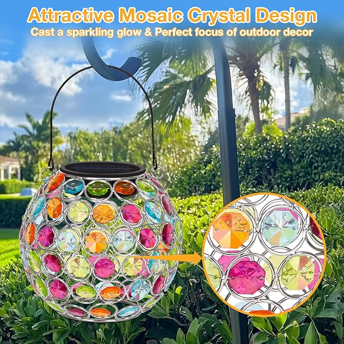 Uspring Crystal Mosaic Solar Lanterns Outdoor Waterproof Decorative Hanging Solar Lights for Outside, Gifts for Women Mom Grandma Garden Decor for Patio Backyard Porch Pathway Lawn Walkway, Red