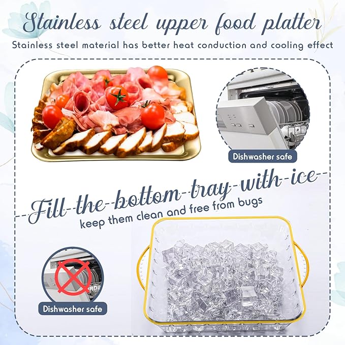Baderke 6 Set 9" Chilled Serving Tray for Parties with Compartments Ice Chilled Party Platter Charcuterie Serving Board Cold Dish Dip with Fork Tong for Fruit Seafood Vegetable Appetizer (Gold)