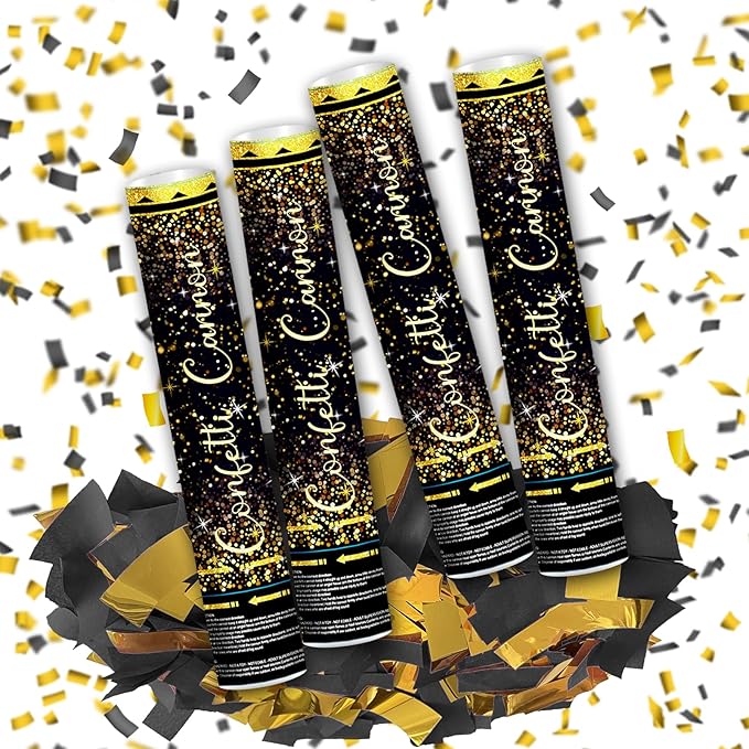 12" Black Gold Confetti Cannon Party Poppers for Birthday Graduation Wedding Retirement New Year Celebrations - Easy to Use, Black Paper and Gold Foil Confetti - Pack of 4
