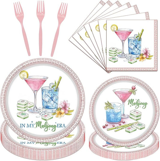 Mahjong Party Tableware Decorations, 96PCS Mahjong Disposable Paper Plates and Napkins Birthday Decoration, In My Mah jong Era Forks Decor Supplies, Serve 24