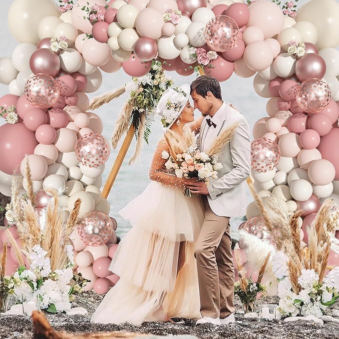 Ouddy Life 156Pcs Boho Blush Pink Balloons Arch Garland Kit, Retro Dusty Pink Mother's Day Balloons Nude Rose Gold Confetti for Girls Baby Shower Weddings Birthday Bachelorette Party Decorations