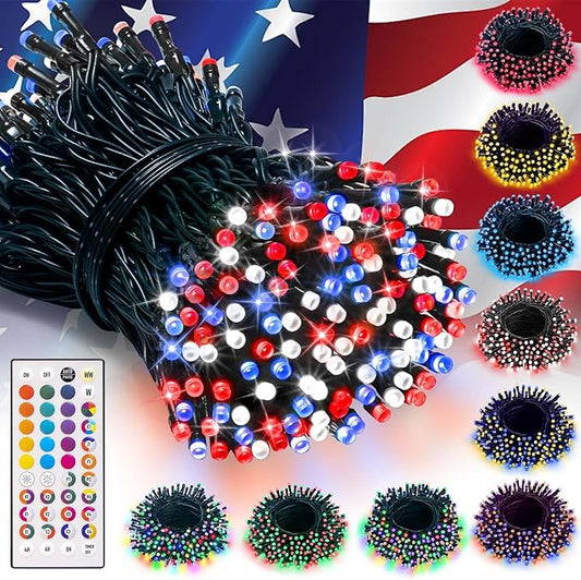 LitHome 33Ft 100 LED Color Changing Christmas String Lights, 35 Colors 9 Modes Red White and Blue Lights Outdoor with Remote, 4th of July String Light Plug in Green Wire for Independence Day Xmas Tree