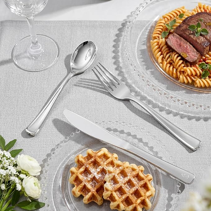 Supernal 360pcs Silver Plastic Silverware Set - Heavy Duty Disposable Silver Cutlery (120 Forks, 120 Spoons, 120 Knives) | Modern Bulk Plastic Utensils for Wedding, Catering & Large Events