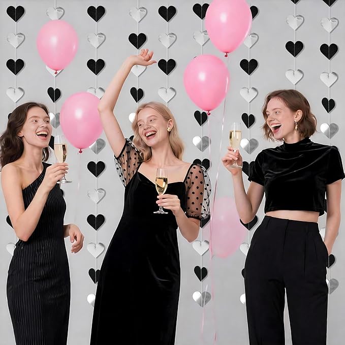 40Ft Black White Silver Heart Valentines Day Garland Hanging Streamer Decor for Bachelorette, Graduation, Black History Month Birthday Party Black Silver Wedding Party Decor