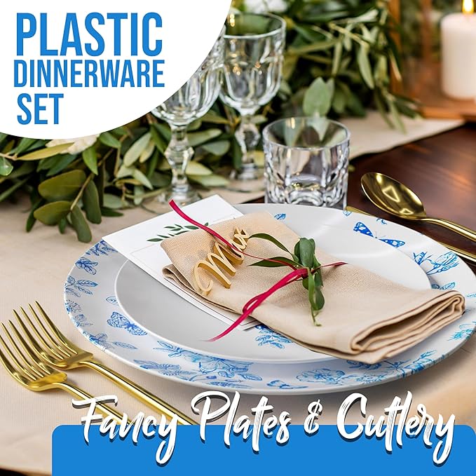 Trendables Fancy Plastic Dinnerware Sets 100 Pc Set 20 Guests Gold Silverware Disposable 20 X 10 Inch Charger Plates 20 X 8 Inch Dessert Plates 20 x Gold Plastic Forks and Spoons Knives In Botanical
