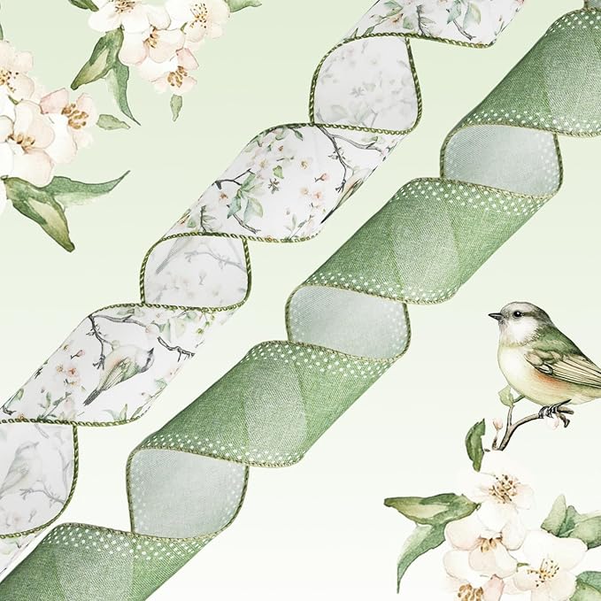 Sage Green Bird Floral Wired Ribbon Set, 2 Rolls 2.5 Inch x 10 Yards Total, Vintage Botanical Bird Ribbon for Wreaths, Bows, Gift Wrapping, Wedding Decor, Spring Summer Crafts