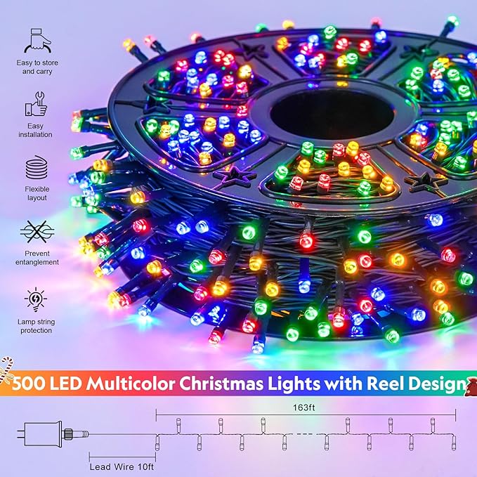 JMEXSUSS 500 LED Christmas String Lights Outdoor, 173ft 8 Modes Multicolor Christmas Lights Plug in, Waterproof Green Wire LED Christmas Tree Lights for Indoor Tree Xmas Decor