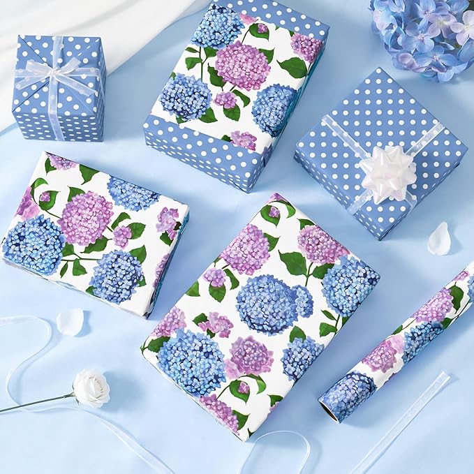 WERNNSAI Floral Wrapping Paper - 1 Roll 17”x 33 ft Blue Hydrangea Flower Wrapping Paper for Women Girls Birthday Supplies Floral Gift Wrap for Wedding Bridal Shower Party Favor