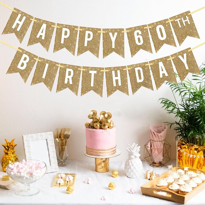 Netnology Pre-Strung Gold Happy 60th Birthday Banner Decorations,12 ft No DIY Gold Glitter 60th Birthday Party Banner Sign Decor for Women Men Girl Boy Party Supplies