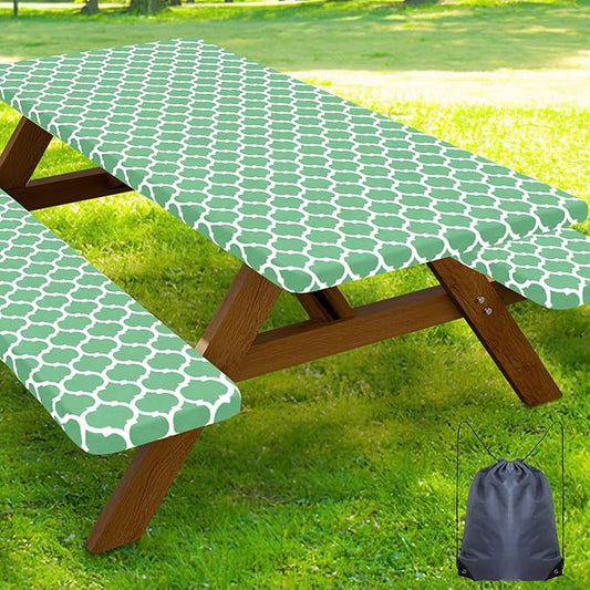 Smiry Picnic Table Cover with Bench Covers, Waterproof Elastic Fitted Tablecloth for 8 Foot Tables, Washable Polyester Tablecloths for Camping, Indoor & Outdoor (Sage Green, 30x96 Inch 3-pc Set)