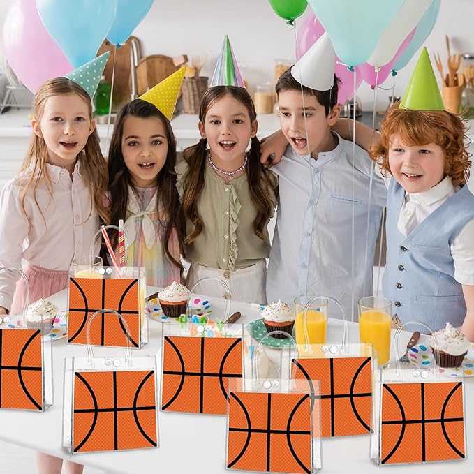 24Pcs Basketball Clear PVC Gift Bags with Handles Bulk 8 x 8 x 3In Sport Theme Goodie Treat Candy Bags Basketball Team Present Wrap Tote Bag for Boys Birthday Party Favor Baby Shower Decors Supplies
