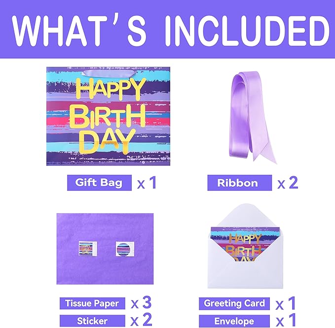 13" Large Purple-blue Multicolor Watercolor Gift Bag Set with Greeting Card and Lavender Tissue Papers (Gold Foil ‘Happy Birthday’) for Women's or Men's Birthday Party, Girls', Boys' or Kids' Party,