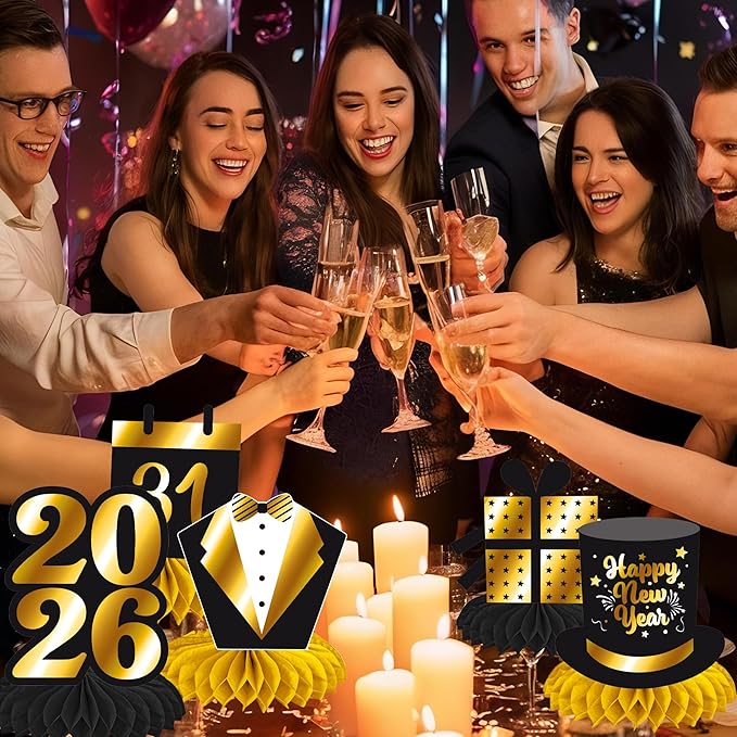 Happy New Year Honeycomb Centerpieces 2026 New Year's Eve Table Decorations 12Pcs New Year Theme Party Supplies Black and Gold Cheers to 2026 Centerpieces for Countdown Party Decor