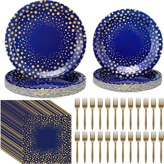 Yungyan 96 Pcs Blue and Gold Party Supplies Disposable Tableware Set Include 24 Dots on Blue Paper Napkins 24 Large Plates 24 Small Plates 24 Forks for Graduation Birthday Party Decorations
