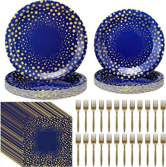 Yungyan 96 Pcs Blue and Gold Party Supplies Disposable Tableware Set Include 24 Dots on Blue Paper Napkins 24 Large Plates 24 Small Plates 24 Forks for Graduation Birthday Party Decorations