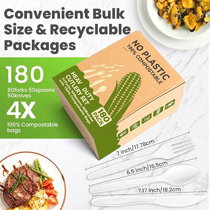 180Pcs Reusable Utensils Cornstarch Made - Heavy Duty Compostable Forks 80, Compostable Spoons 80, & 50 Knives Set - 100% Disposable Eco Friendly Flatware for Party, Wedding, BBQ, Camping (180 Pack)