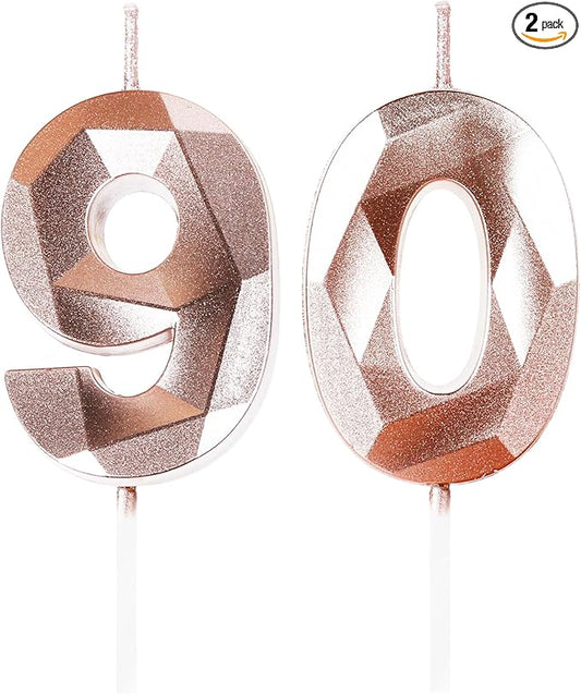Number 90 Candles,90th Birthday Candles,Rose Gold Happy Birthday Candle for Cake,3D Design Cake Topper Decorations for Women Men Birthday Party Wedding Anniversary Celebration Supplies