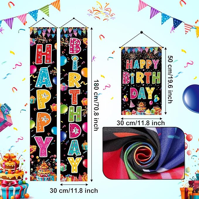 3 PCS Colorful Happy Birthday Banner Door Porch Sign Photography Black Background Party Supplies for Kids Boys Girls Birthday Party Supplies Indoor Outdoor Decor(Black)