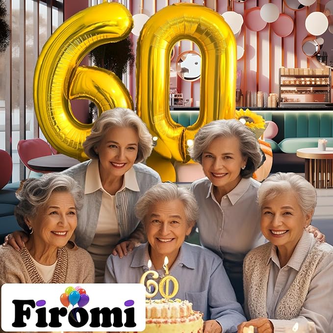 FIROMI 60 Number Balloons Gold Big Giant Jumbo Huge Foil Mylar 60 Balloon Numbers for 60th Birthday Party Anniversary Decorations 40-inches