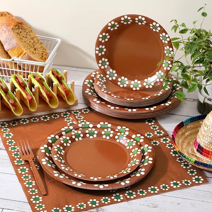 AmazingSpark 122 Pcs Cielito Lindo Party Decoration Platos De Barro Mexicanos Fiesta Talavera Paper Plates Mexican Napkins Forks Tableware Set for Baby Shower Weeding Birthday Supplies, Serve 24