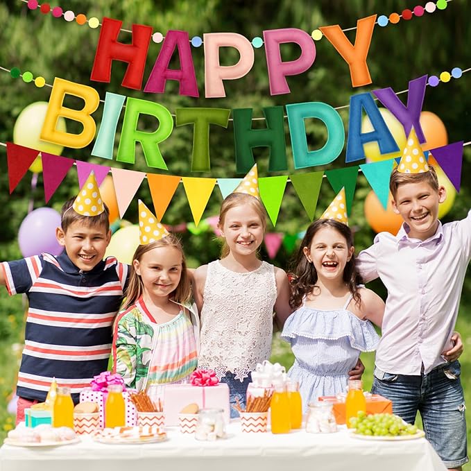 Pre-Strung Happy Birthday Banner - Rainbow Birthday Decorations, 3PCS Felt Birthday Day Sign,Ball Garland,Triangle Bunting,Reusable Colorful Banner for Party Decor Girls Boys Kids Women Men