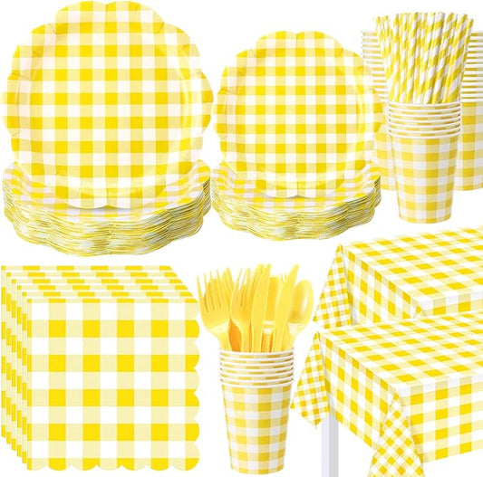 Funnymoom 452 Pcs Yellow Gingham Party Supplies for 50, Yellow and White Gingham Checkered Paper Plates Napkins Cups Tablecloth Cutlery Straws for Birthday Family Picnic Barbecue Party Decoration